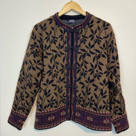 Vintage Icelandic Design Wool Blend Cardigan Jacket Boho Embroidered Knit Folk - Picture 1 of 11